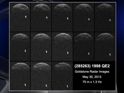 First radar images of asteroid 1998 QE2 were obtained when the asteroid was about 3.75 million miles (6 million kilometers) from Earth. (Photo credit: NASA/JPL-Caltech/GSSR) 