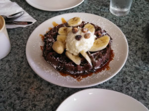Plums chocolate banana waffle. (credit: Gary Schwind)