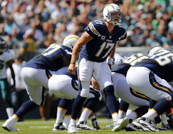 PHILADELPHIA, PA - SEPTEMBER 15: Quarterback Philip Rivers #17 of the San Diego Chargers yells out the signals from the line during a game against the Philadelphia Eagles at Lincoln Financial Field on September 15, 2013 in Philadelphia, Pennsylvania. The Chargers defeated the eagles 33-30. (Photo by Rich Schultz /Getty Images)