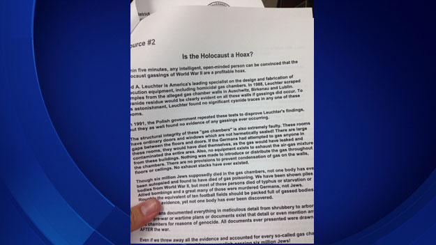 Rialto Unified students were asked to turn in reports similar to the one pictured above entitled, "Is The Holocaust A Hoax?" (Photo credit: Tom Wait)