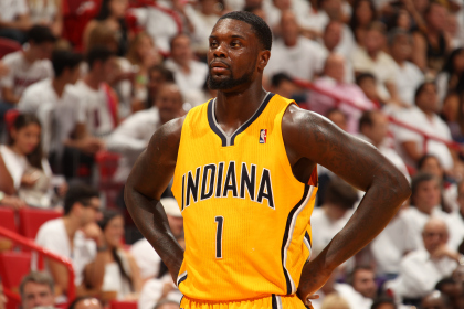 MIAMI, FL - MAY 30: Lance Stephenson #1 of the Indiana Pacers looks on in Game Six of the Eastern Conference Finals against the Miami Heat  during the 2014 NBA Playoffs on May 30, 2014 in Miami, Fl. NOTE TO USER: User expressly acknowledges and agrees that, by downloading and or using this photograph, User is consenting to the terms and conditions of the Getty Images License Agreement. Mandatory Copyright Notice: Copyright 2014 NBAE  (Photo by Issac Baldizon/NBAE via Getty Images)