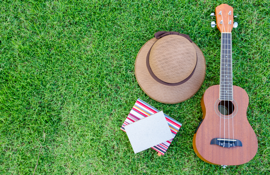 Ukulele lying on meadow with lovely hat and notebook.