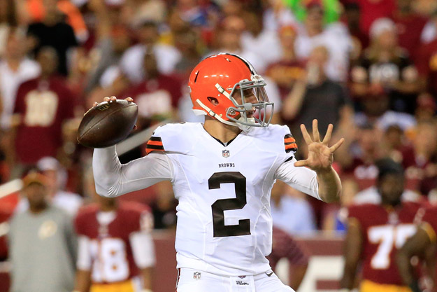 LANDOVER, MD - AUGUST 18: Quarterback Johnny Manziel #2 of the Cleveland Browns drops back to pass during a preseason game against the Washington Redskins at FedExField on August 18, 2014 in Landover, Maryland.
