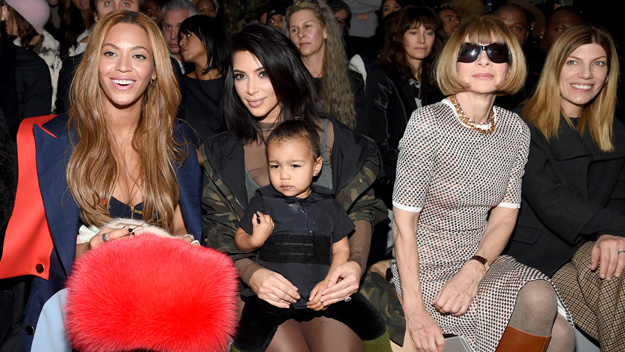 Kim Kardashian, Beyonce, North West, Anna Wintour at Adidas Fashion Show (Photo by Dimitrios Kambouris/Getty Images)