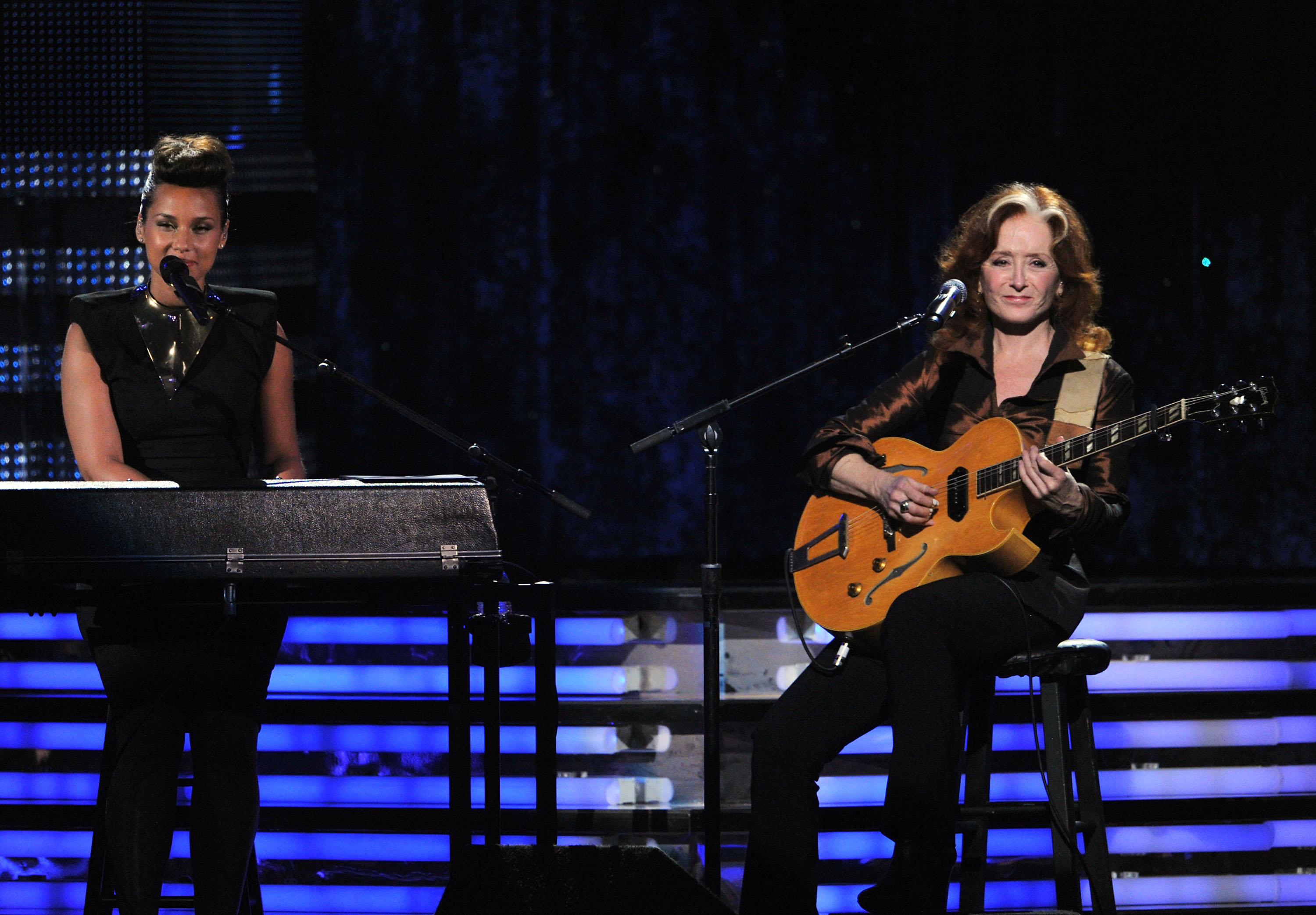 Musicians Alicia Keys and Bonnie Raitt perform onstage at the 54th Annual GRAMMY Awards held at Staples Center on February 12, 2012 in Los Angeles, California.  (credit: Getty Images)
