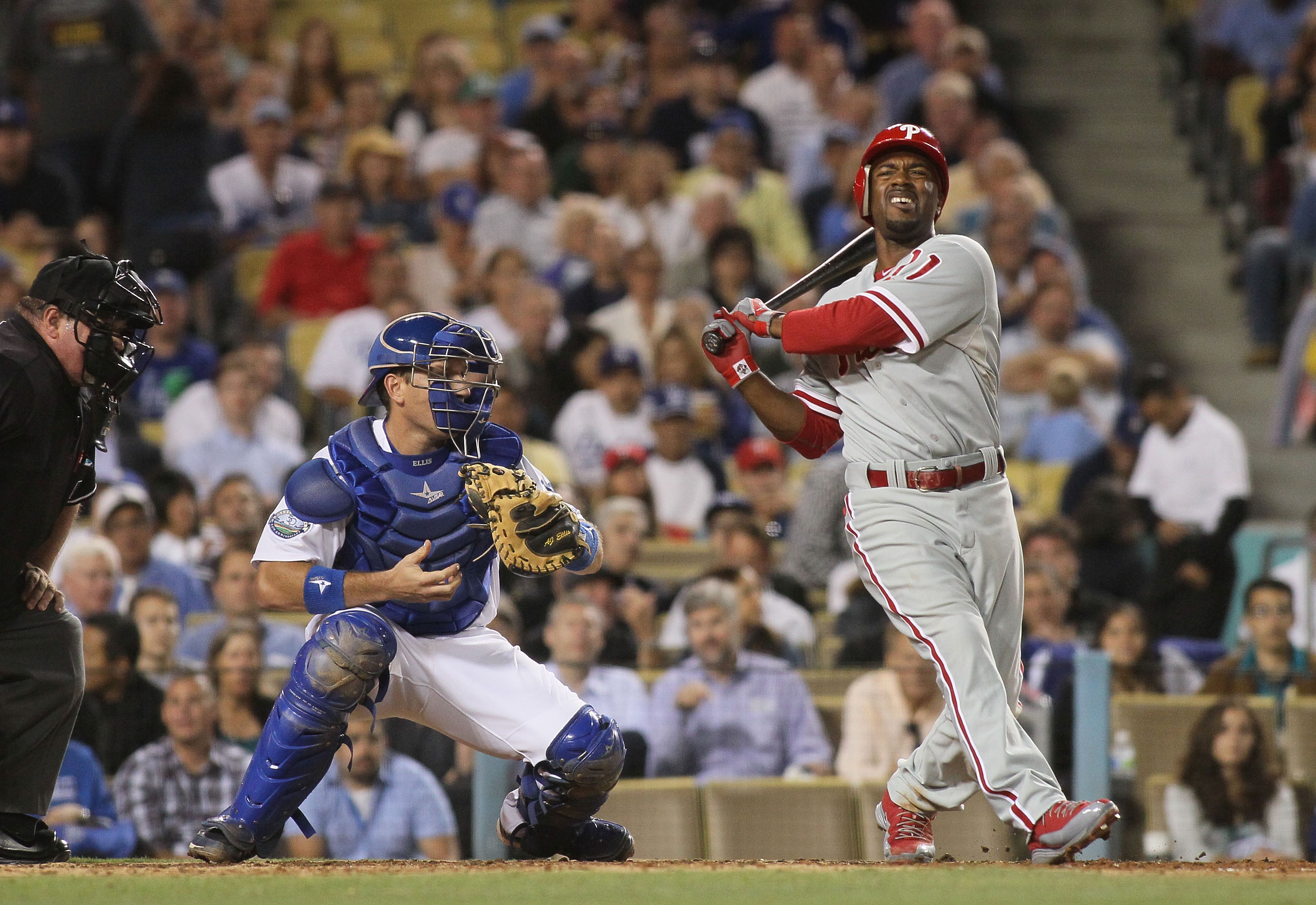 Jimmy Rollins #11 of the Philadelphia Phillies strikes out swinging in the fifth inning against the Los Angeles Dodgers during the MLB game at Dodger Stadium on July 17, 2012 in Los Angeles, California. (Photo by Victor Decolongon/Getty Images) 