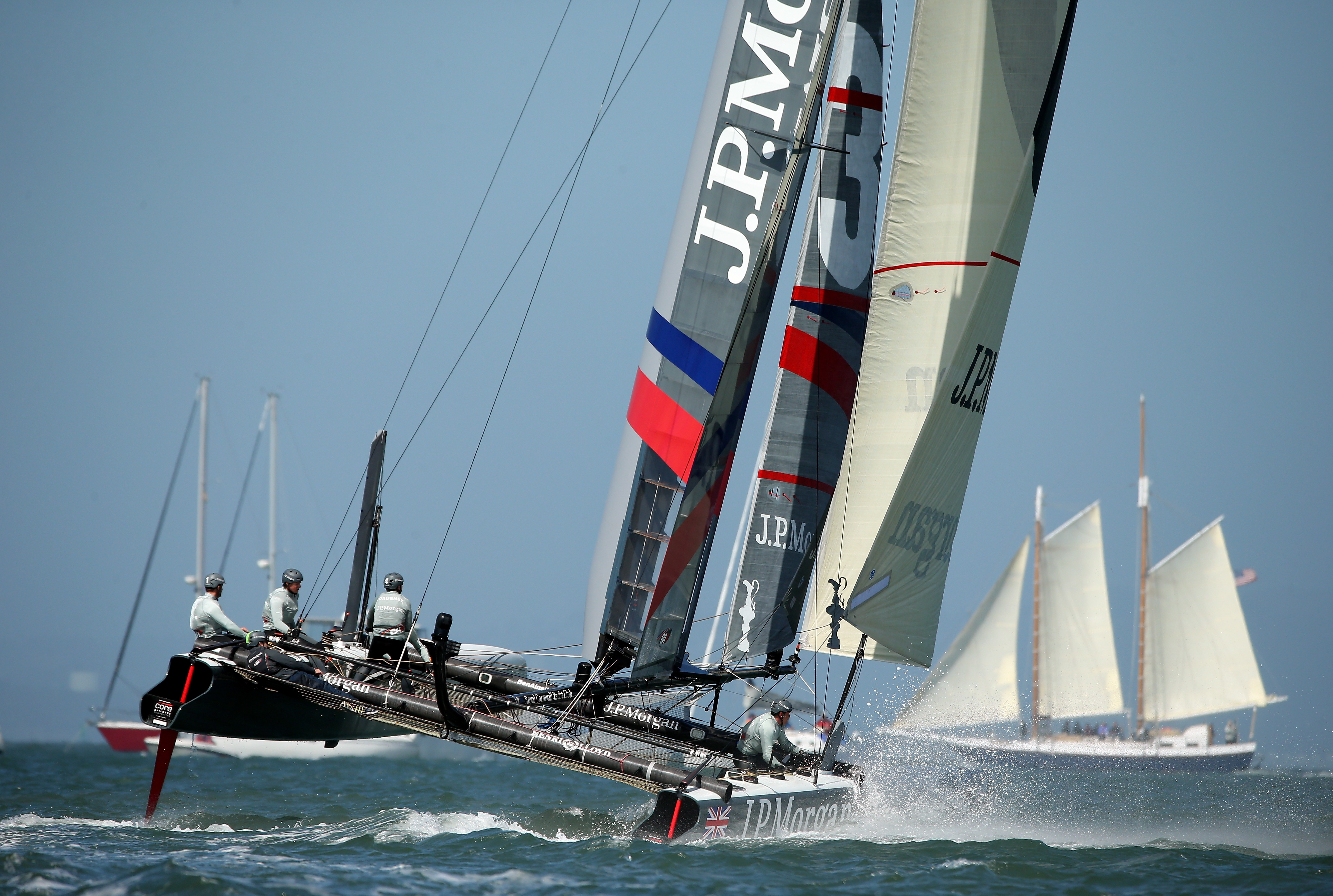 J.P. Morgan BAR team skippered by Ben Ainslie competes in a match race during the America's Cup World Series on August 24, 2012 in San Francisco, California. (credit: Ezra Shaw/Getty Images)