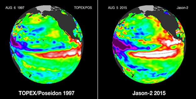 Scientists say this year's El Niño is currently stronger than it was during August of 1997, which is when what is considered to be the most powerful El Niño on record developed. (Images courtesy NASA.gov)