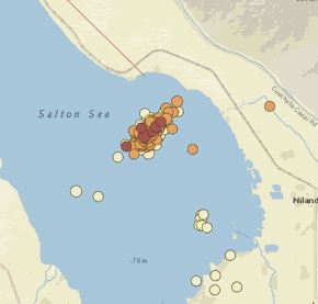 A USGS graphic illustrating a swarm of earthquakes in the Brawley seismic zone as of Monday evening. (courtesy USGS)