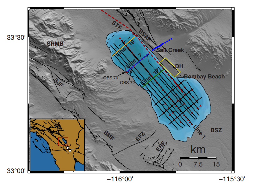 The newly identified Salton trough fault is marked in red (dashed where inferred and solid where direct evidence exists). (Credit: Bulletin of the Seismological Society of America)
