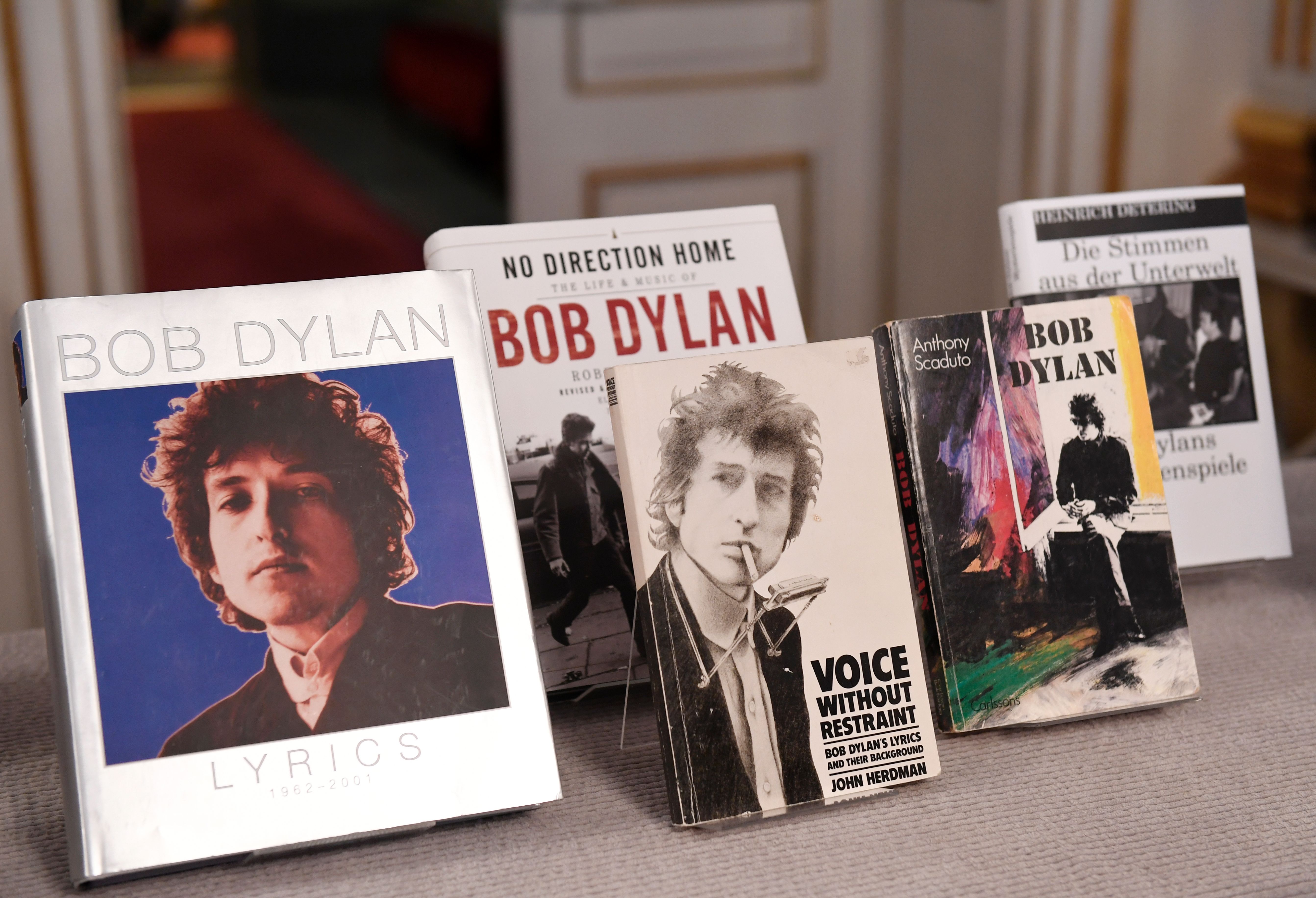 Books by US songwriter Bob Dylan who was announced the laureate of the 2016 Nobel Prize in Literature are displayed at the Swedish Academy in Stockholm, Sweden, on October 13, 2016. US songwriter Bob Dylan wins the 2016 Nobel Literature Prize.