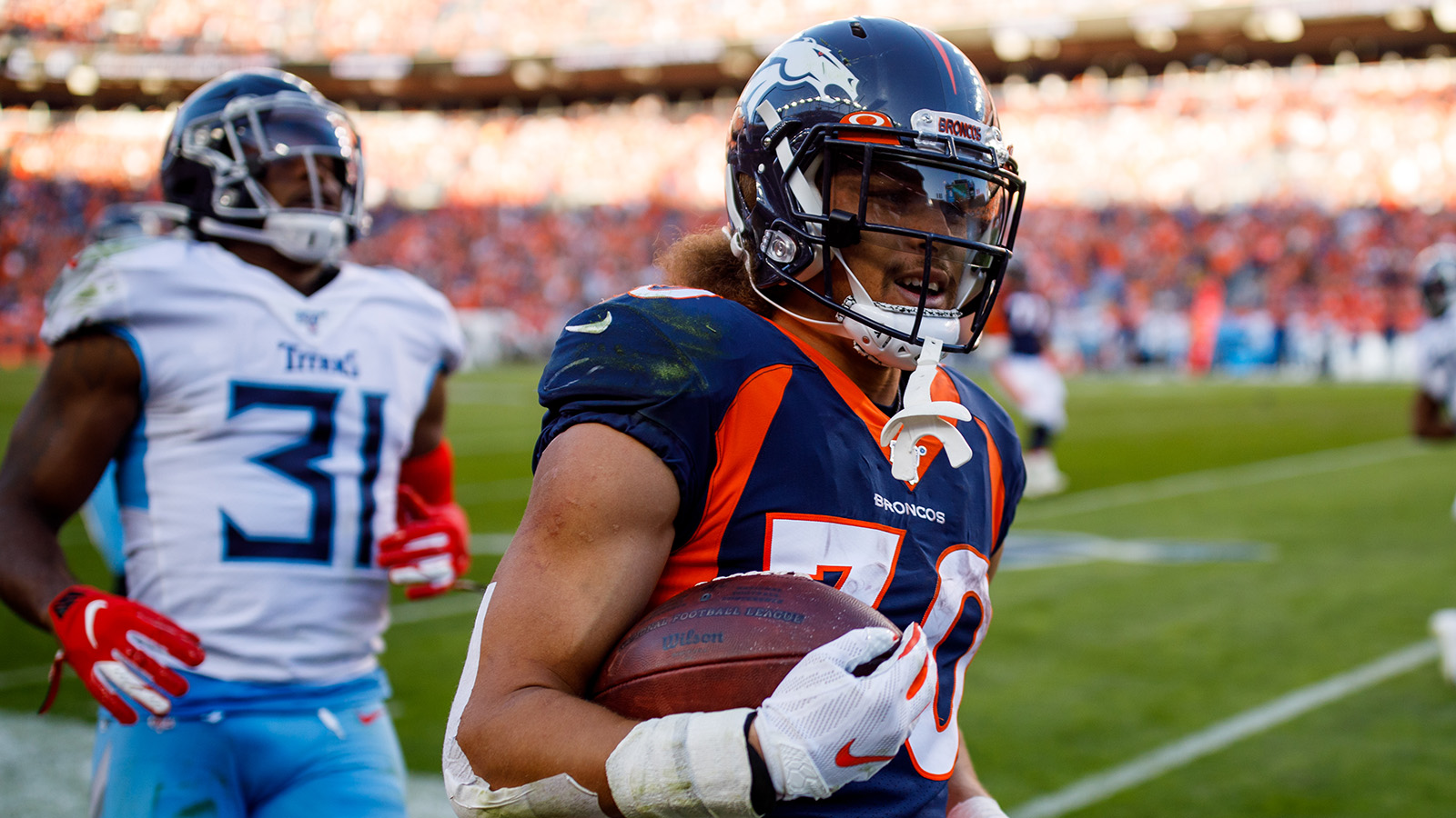 Running back Phillip Lindsay at Empower Field at Mile High on Oct. 13, 2019.
