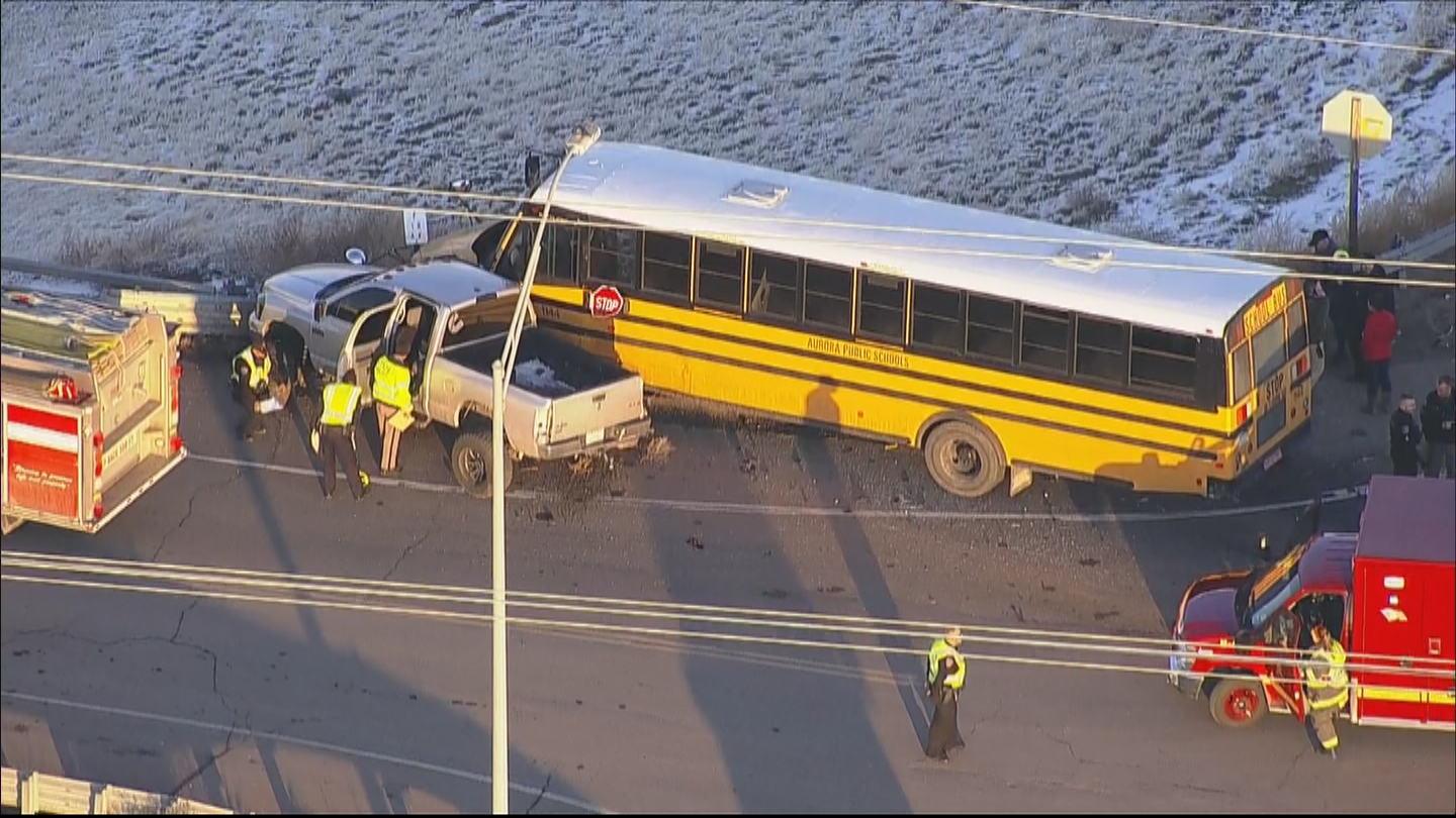 Officials with Aurora Public Schools said no students were hurt after a school bus was involved in a crash with a pickup truck in Watkins.
