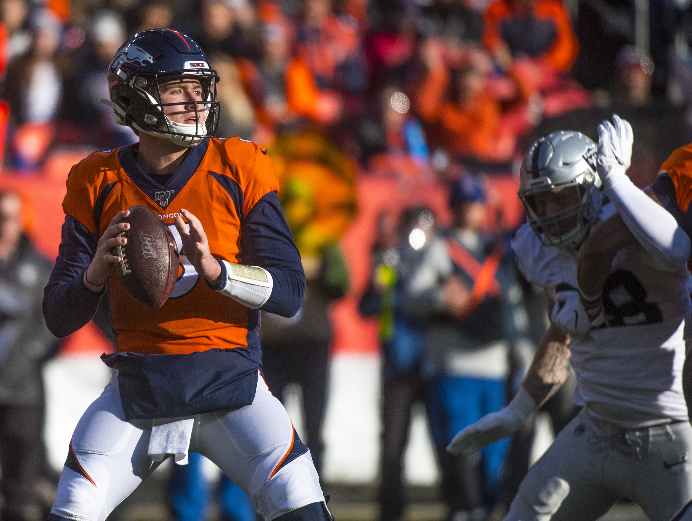 Drew Lock of the Denver Broncos at Empower Field at Mile High on Dec. 29, 2019, during a game against the Oakland Raiders.