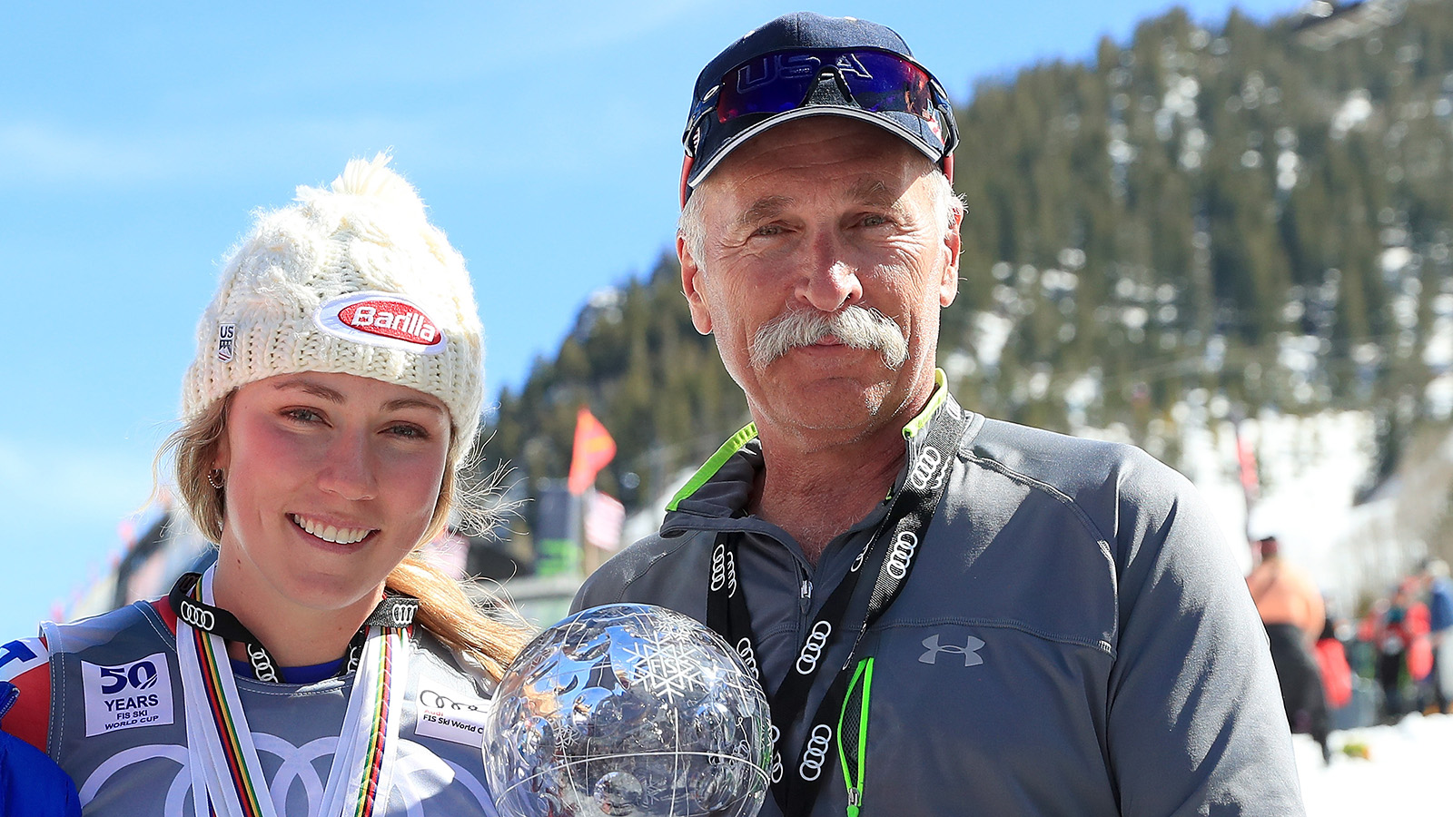 Mikaela Shiffrin and Jeff Shiffrin pose at the 2017 Audi FIS Ski World Cup Finals at Aspen Mountain on March 19, 2017.