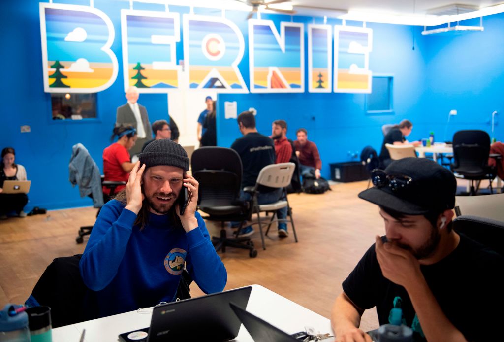 Phone bank volunteers call potential voters from the Colorado campaign office of Democratic presidential candidate Vermont Senator Bernie Sanders on Super Tuesday, March 3, 2020 in Denver.