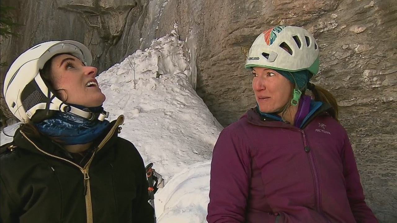 CBS4's Romi Bean gets set to do an ice climb under the supervision of Sarah Janin in Vail Colorado.
