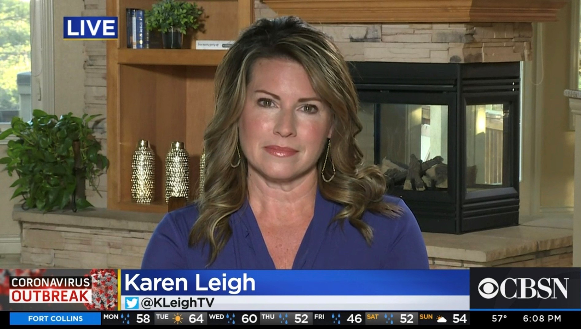 Karen Leigh anchors from home.