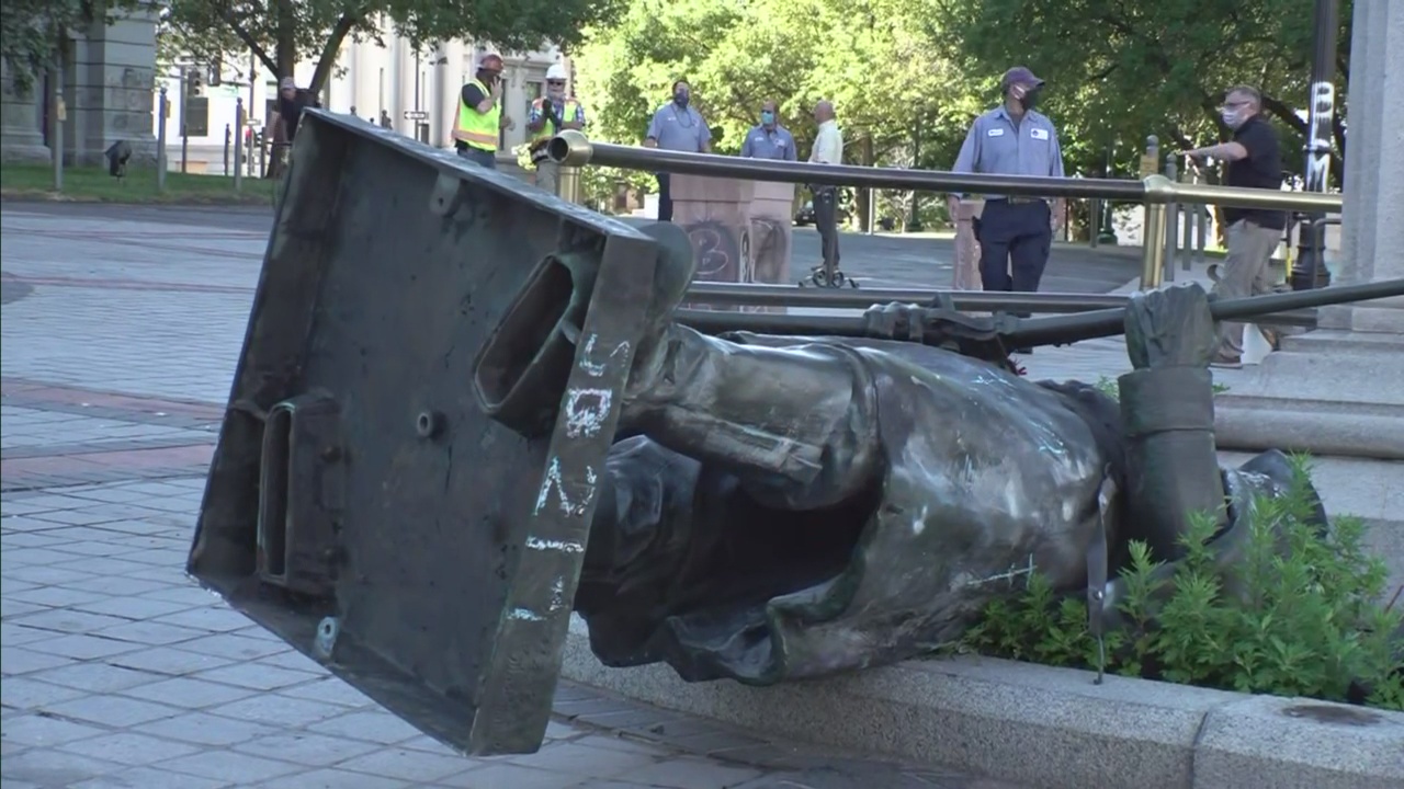 An image of the statue knocked down outside the Colorado State Capitol on June 25, 2020.