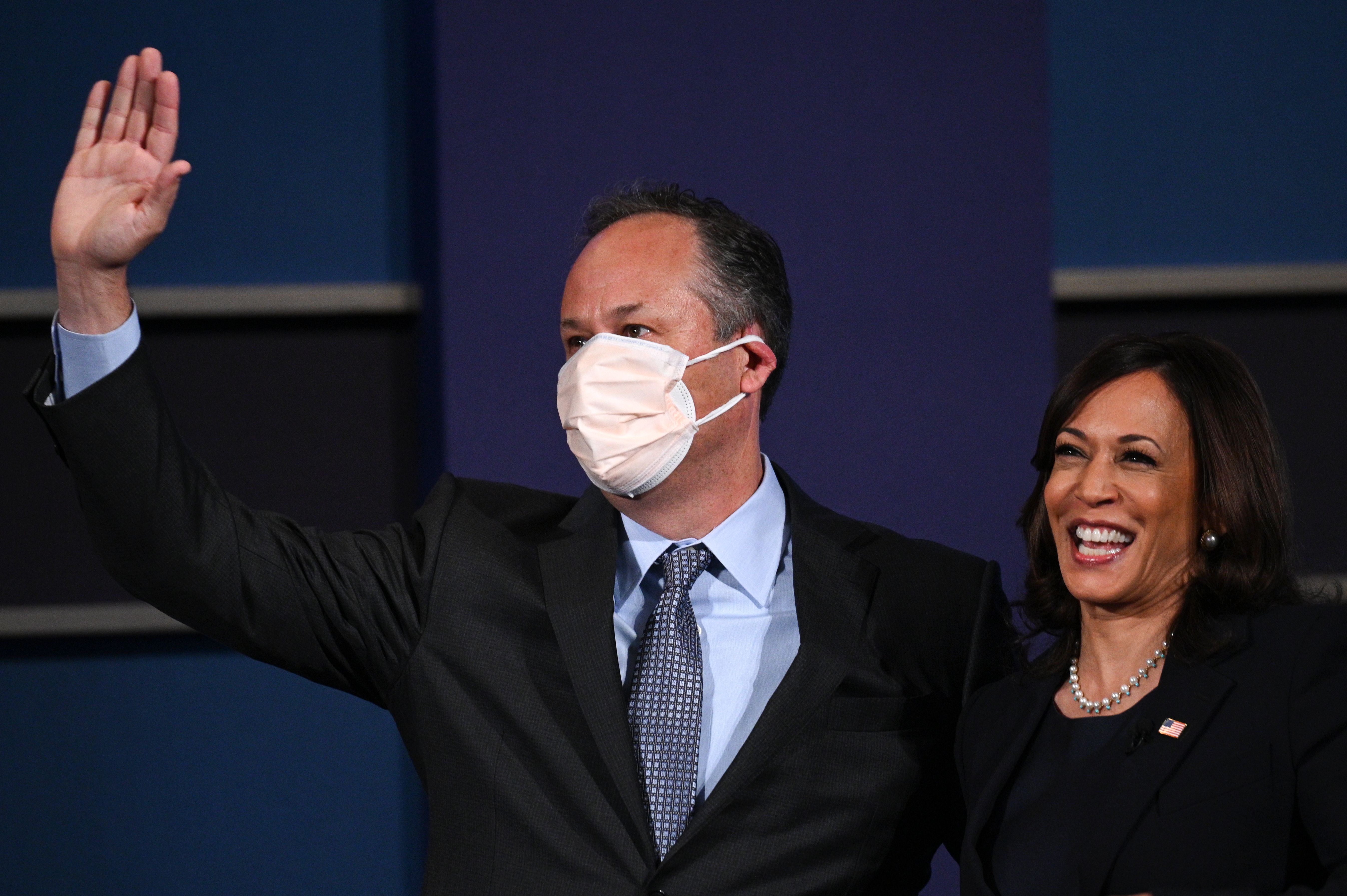 Vice presidential nominee Sen. Kamala Harris and husband Doug Emhoff onstage after the vice presidential debate at the University of Utah on October 7, 2020, in Salt Lake City.