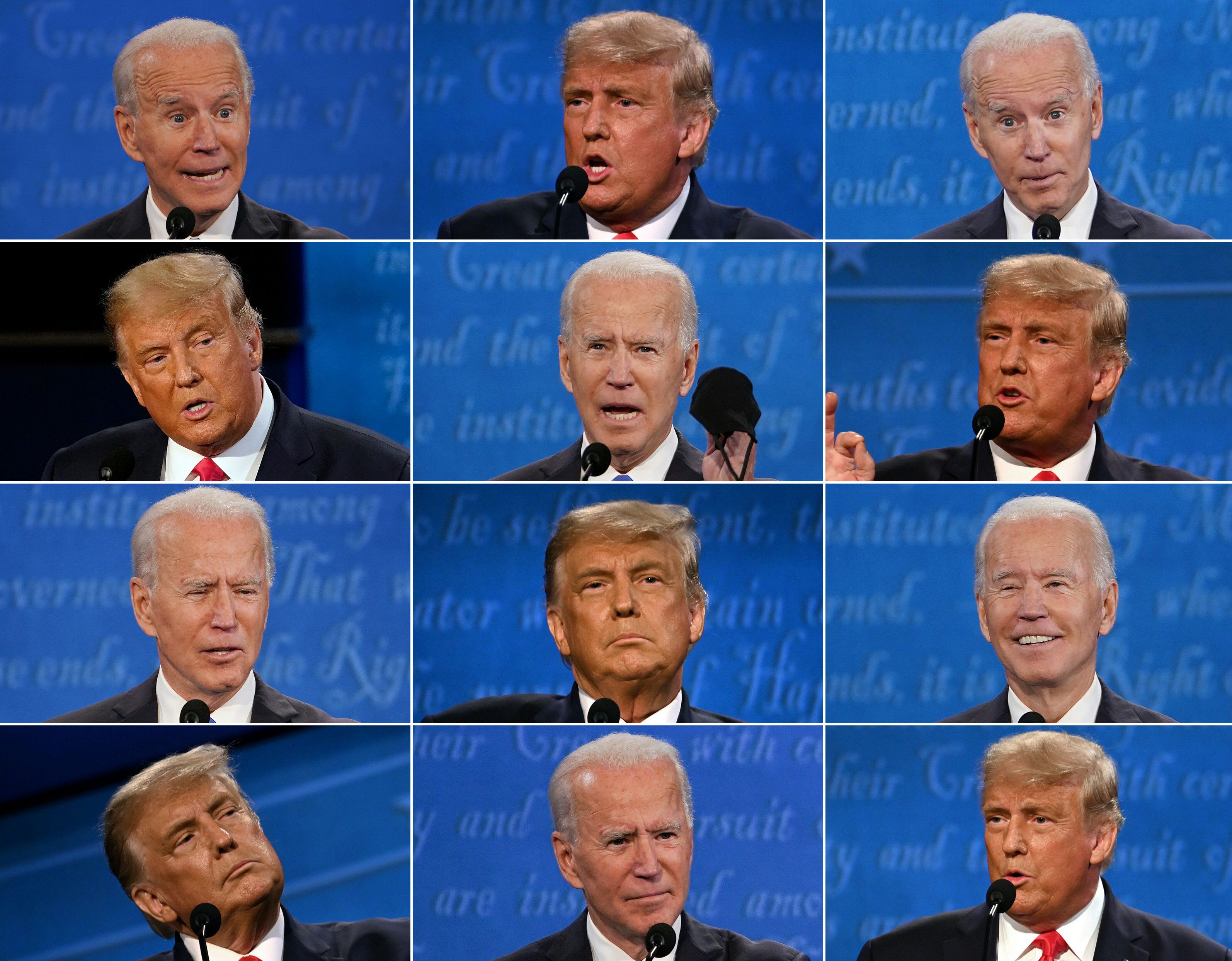 This combination of pictures created on Oct. 22, 2020, shows President Donald Trump and Democratic Presidential candidate and former Vice President Joe Biden during the final presidential debate at Belmont University in Nashville, Tennessee, on October 22, 2020. 