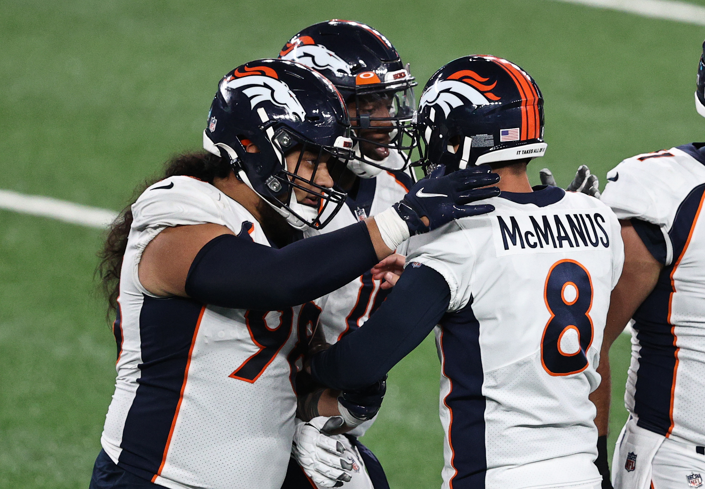 Brandon McManus of the Denver Broncos celebrates a field goal with teammates against the New York Jets during the fourth quarter at MetLife Stadium on Oct. 1, 2020 in East Rutherford, New Jersey.