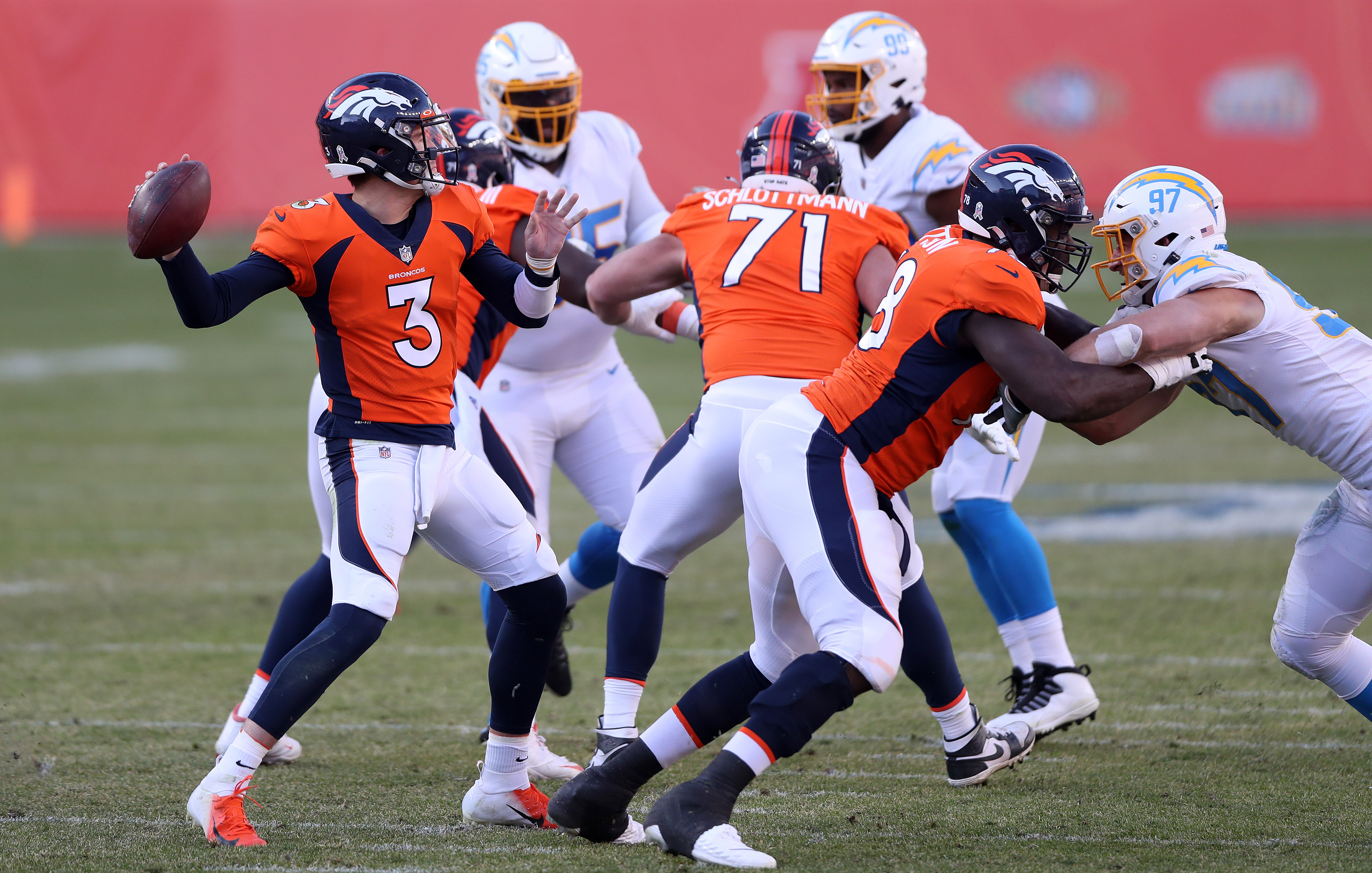 Quarterback Drew Lock of the Denver Broncos looks to pass against the Los Angeles Chargers in the second quarter of the game at Empower Field At Mile High on Nov. 1, 2020.