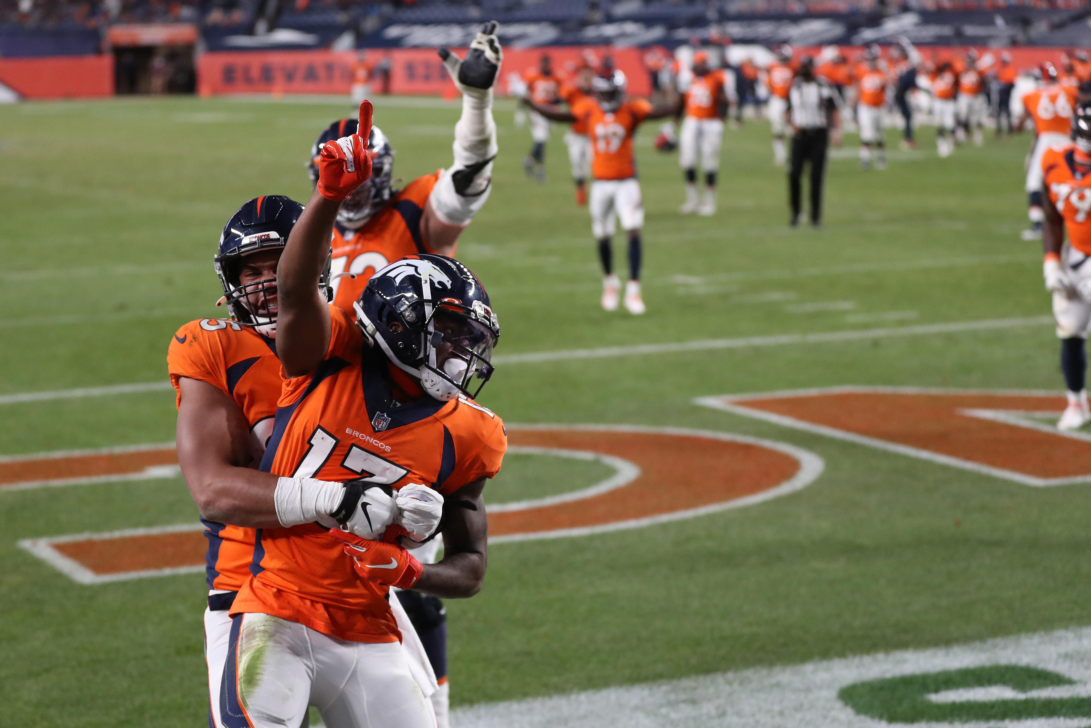 KJ Hamler of the Denver Broncos celebrates after scoring a touchdown against the Los Angeles Chargers at the end of the fourth quarter of the game at Empower Field At Mile High on Nov. 1, 2020.