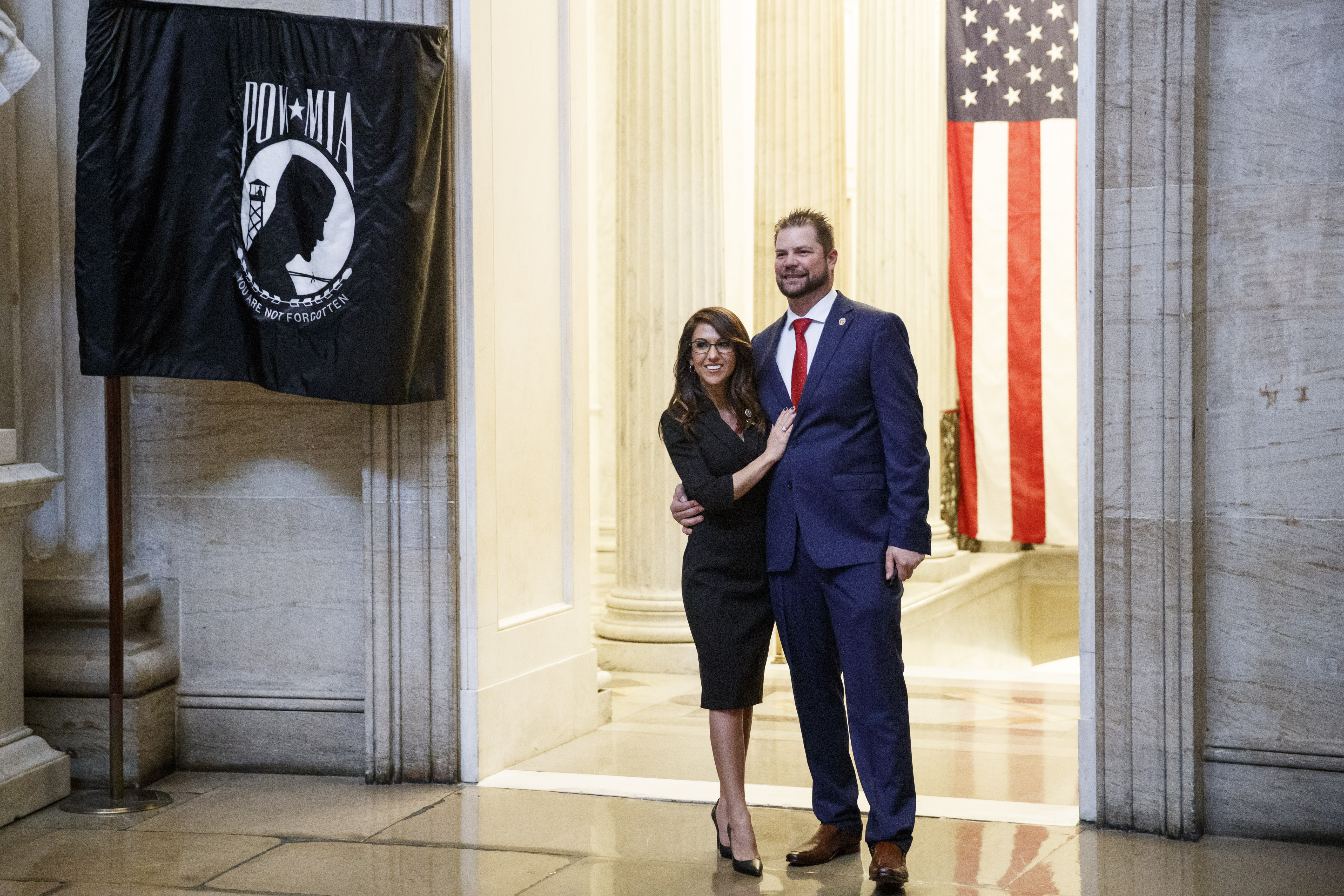 Rep. Lauren Boebert stands for a photograph with her husband Jayson Boebert at the U.S. Capitol in Washington, D.C., U.S., on Jan. 3, 2021.