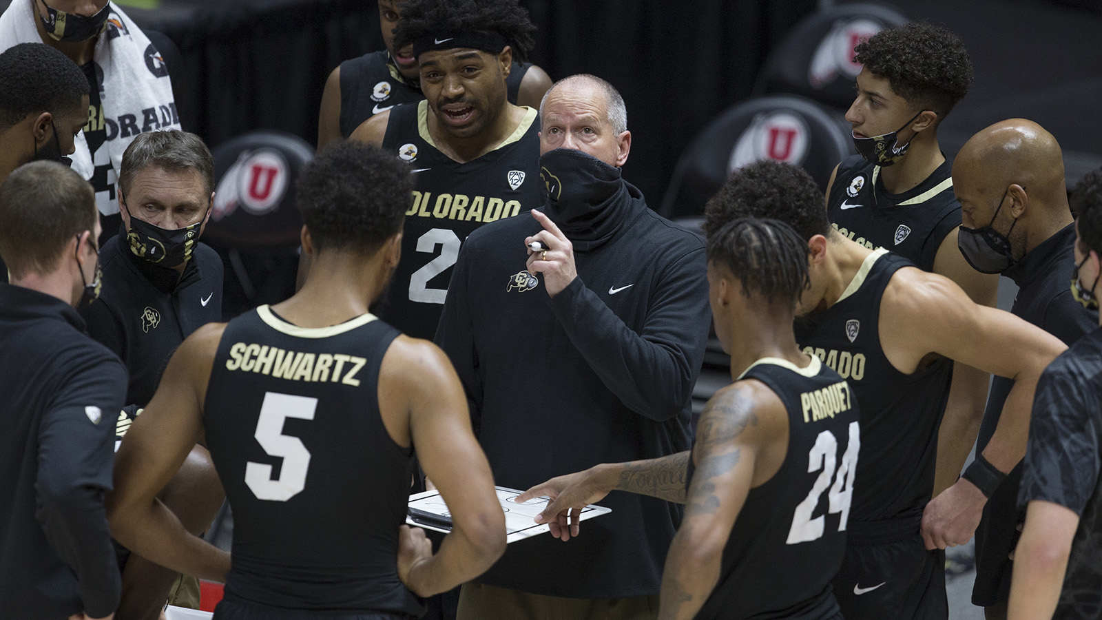 Head coach Tad Boyle of the Colorado Buffaloes talks to his team during a time out against the Utah Utes at Jon M. Huntsman Center on Jan. 11, 2021 In Salt Lake City. 