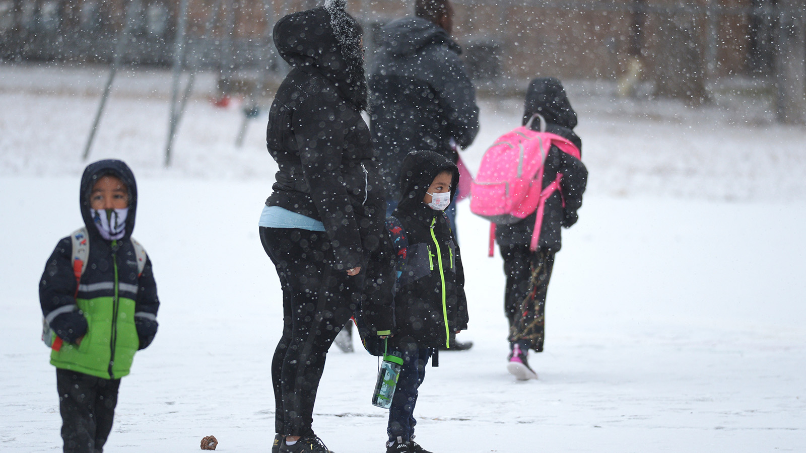 Students outside Rose Hill Elementary School in Commerce City on January 26, 2021.