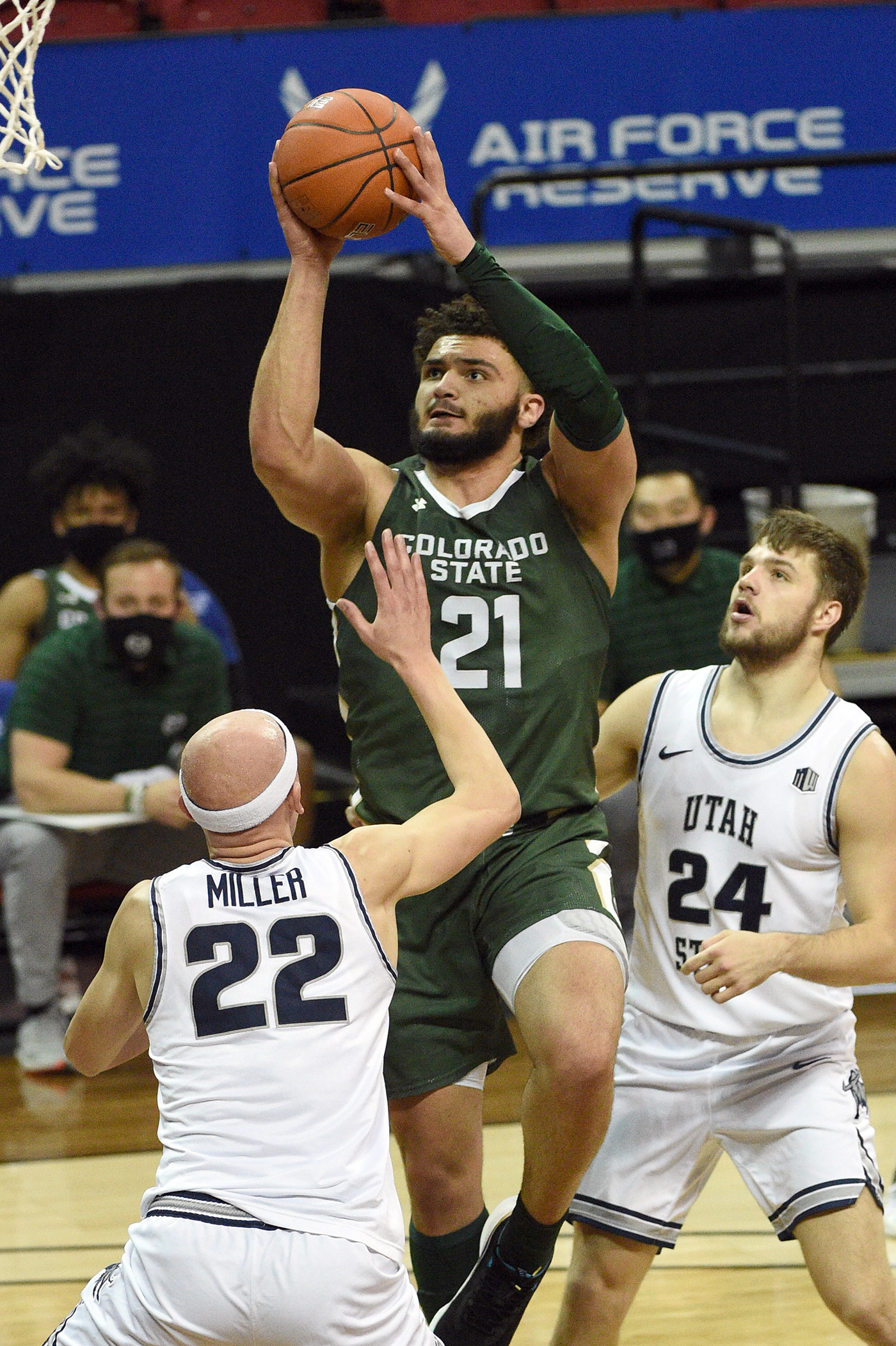 David Roddy of the Colorado State Rams shoots against the Utah State Aggies during the Mountain West Conference basketball tournament semifinals at the Thomas & Mack Center on March 12, 2021 in Las Vegas, Nevada. Utah State won 62-50.