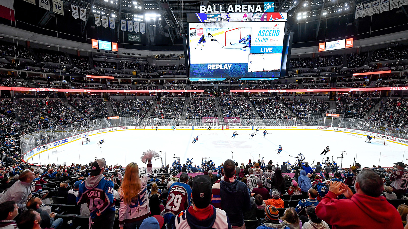 A general view of Ball Arena with approximately 7,750 fans in attendance during the Stanley Cup Playoffs first round game between the St. Louis Blues and the Colorado Avalanche at Ball Arena.