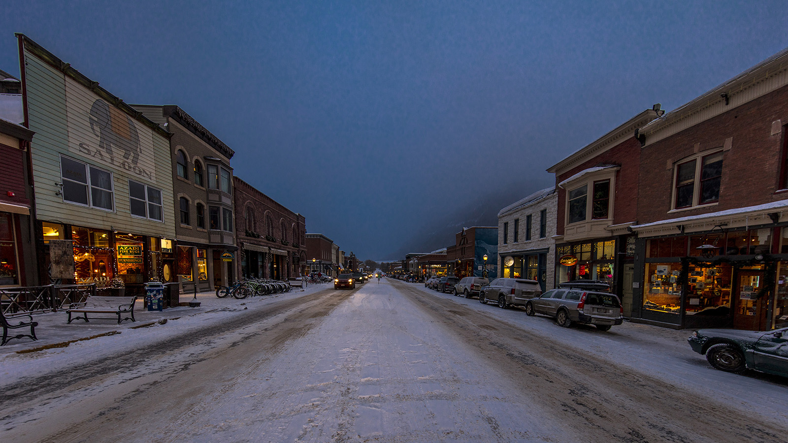 Downtown Telluride Colorado in a snow storm
