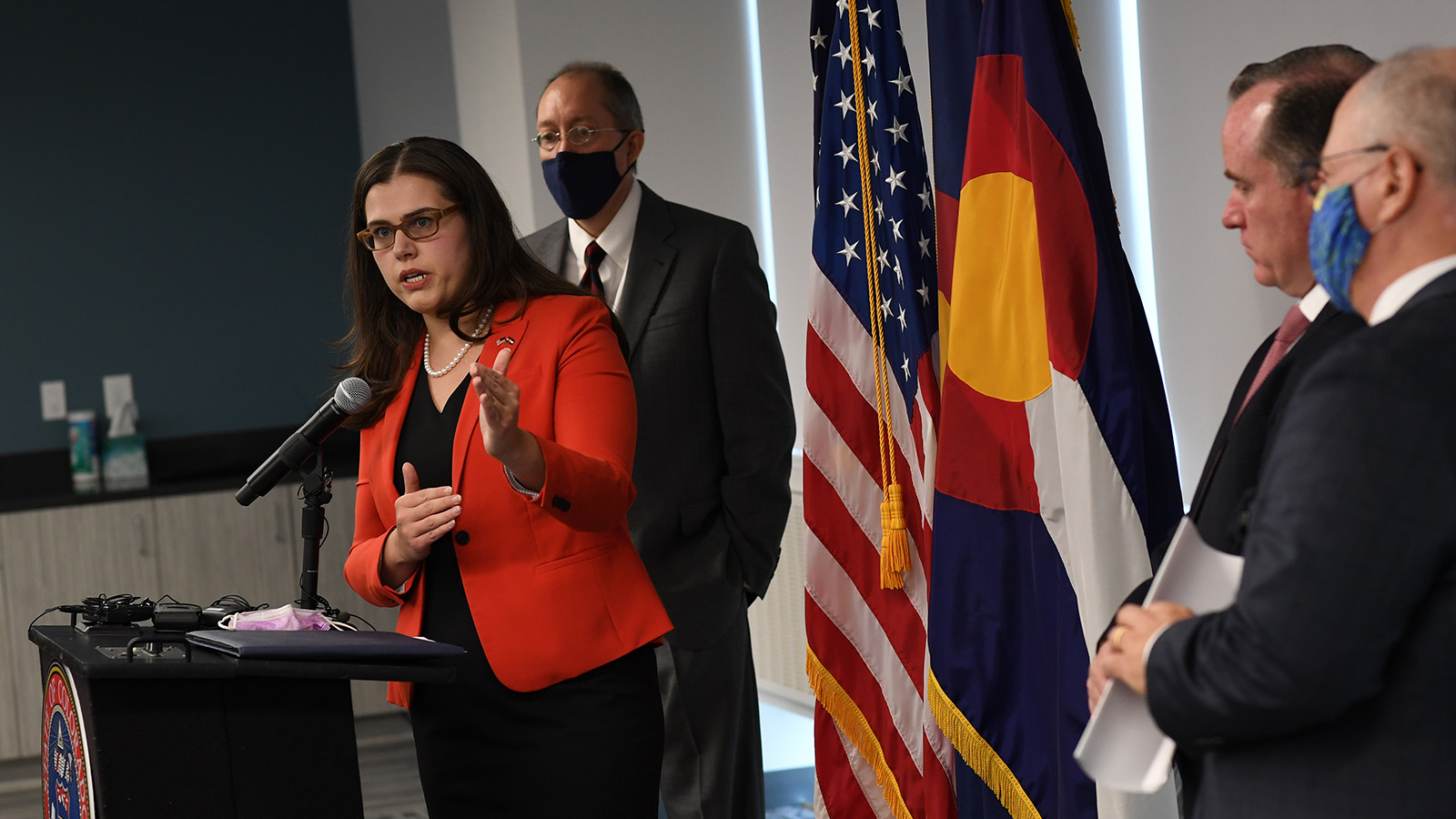 Colorado Secretary of State Jena Griswold speaks during a press conference about to the Mesa County election breach investigation on August 12, 2021 in Denver. From her right is Judd Choate, Colorado State Election Director, Matt Crane, Executive Director of Colorado County Clerks Association, and Chris Beall, Colorado Deputy Secretary of State.