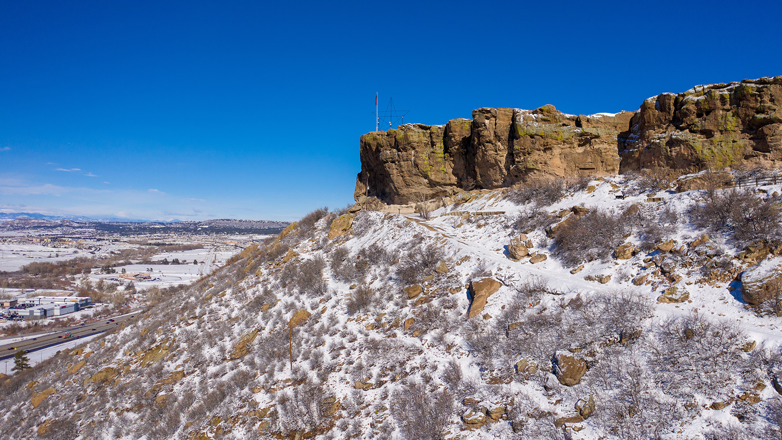 A beautiful winter view of Rock Park in Castle Rock after a light snow storm.