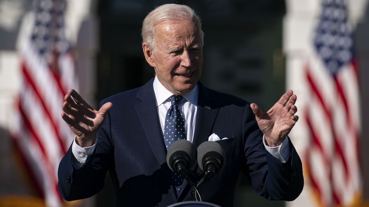 U.S. President Joe Biden speaks during the Council of Chief State School Officers' 2020 and 2021 State and National Teachers of the Year event on the South Lawn of the White House in Washington, D.C., U.S., on Monday, Oct. 18, 2021. About one hundred teachers will be honored for their excellence in teaching and commitment to students' learning.