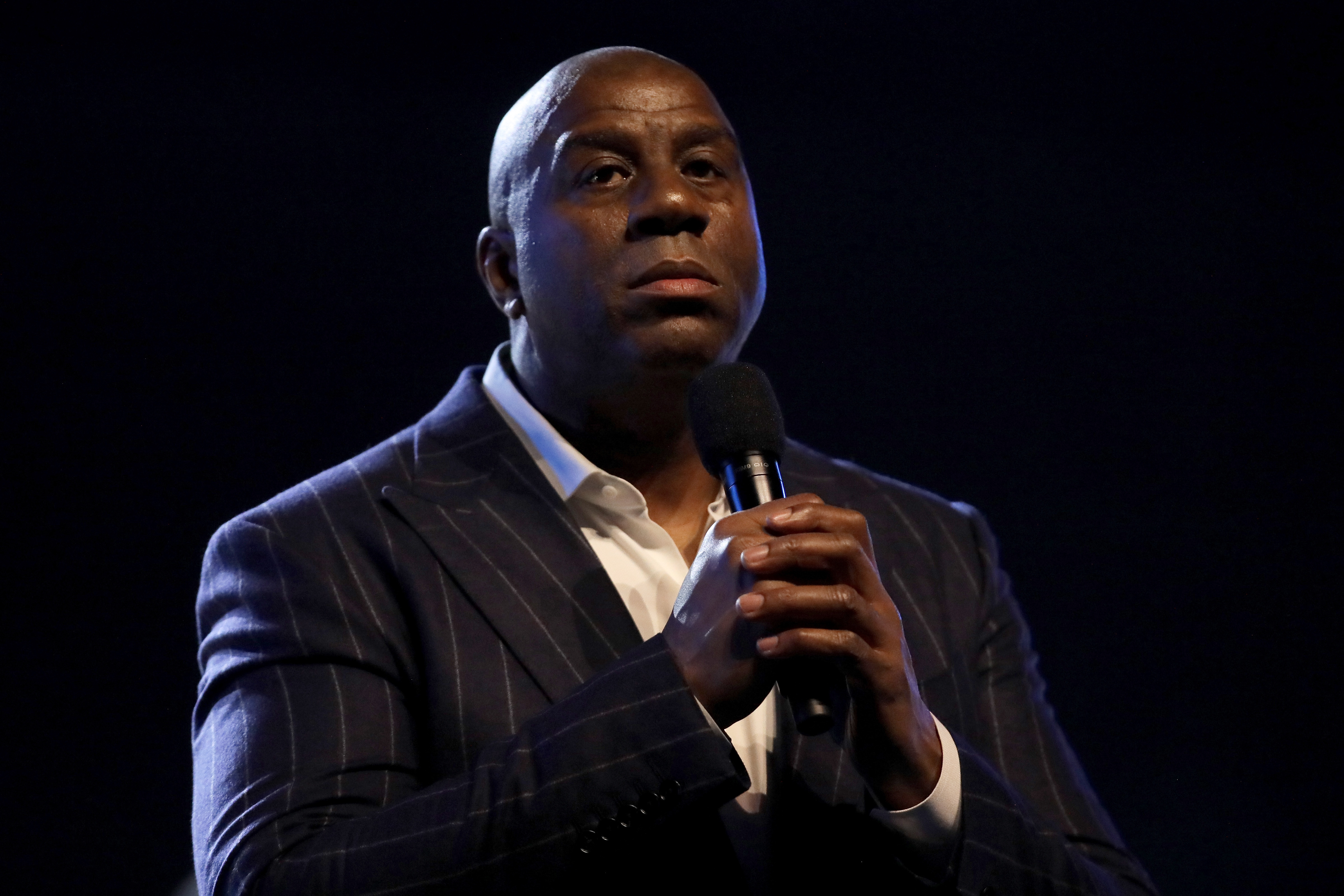 Magic Johnson speaks to the crowd before the 69th NBA All-Star Game at the United Center on February 16, 2020 in Chicago.