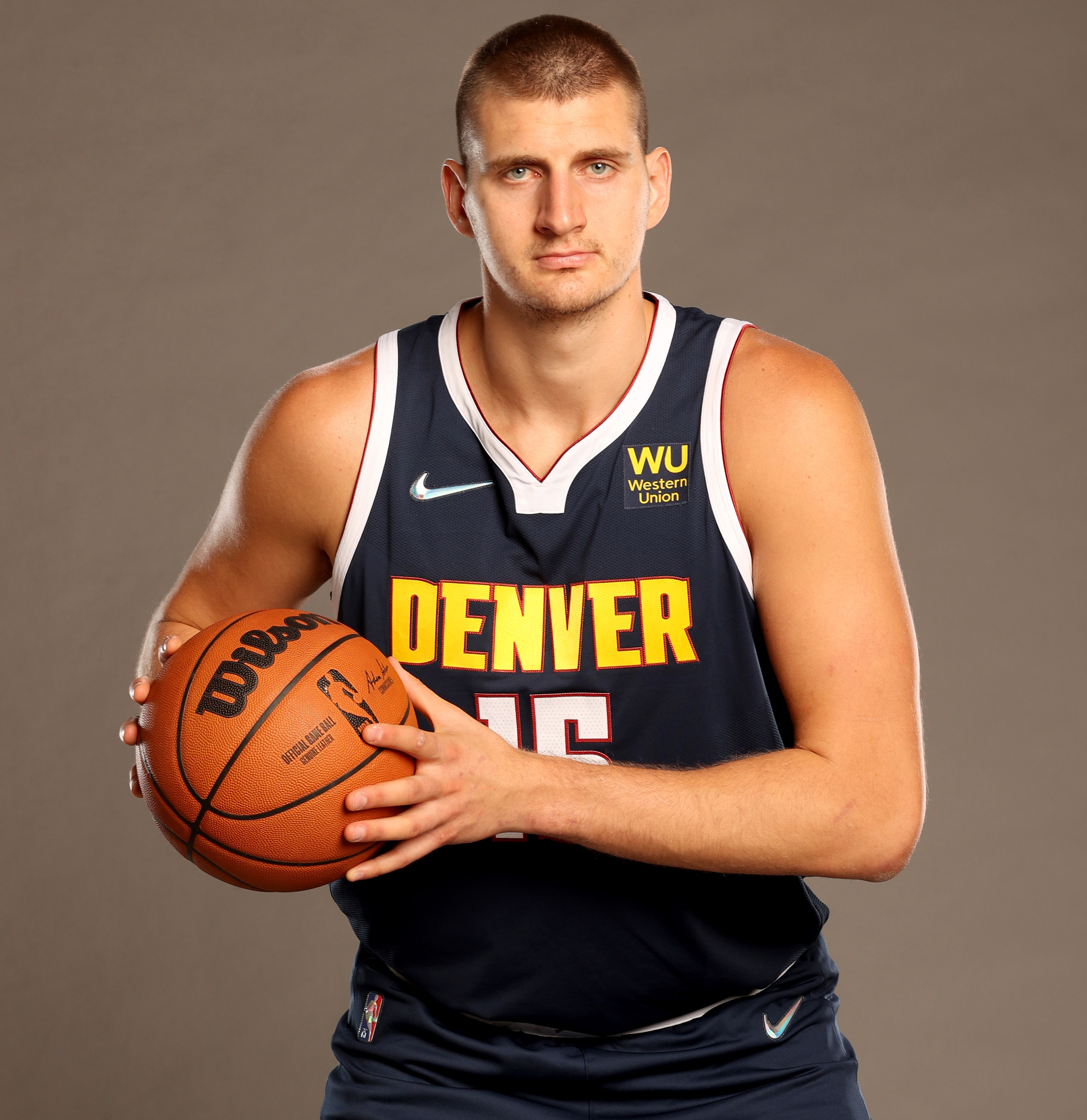 Nikola Jokic of the Denver Nuggets poses for a portrait during Media Day at Ball Arena on September 27, 2021.