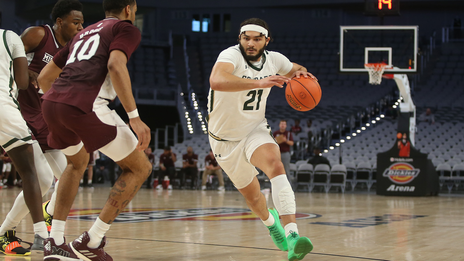 Colorado State Rams guard David Roddy drives to the basket during the Basketball Hall of Fame classic game between Mississippi State and Colorado State on Dec. 11, 2021 at Dickies Arena in Fort Worth, Texas.