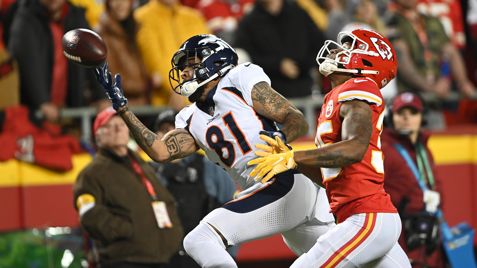 A pass goes off the fingertips of Denver Broncos wide receiver Tim Patrick at Arrowhead Stadium on Dec. 5, 2021.