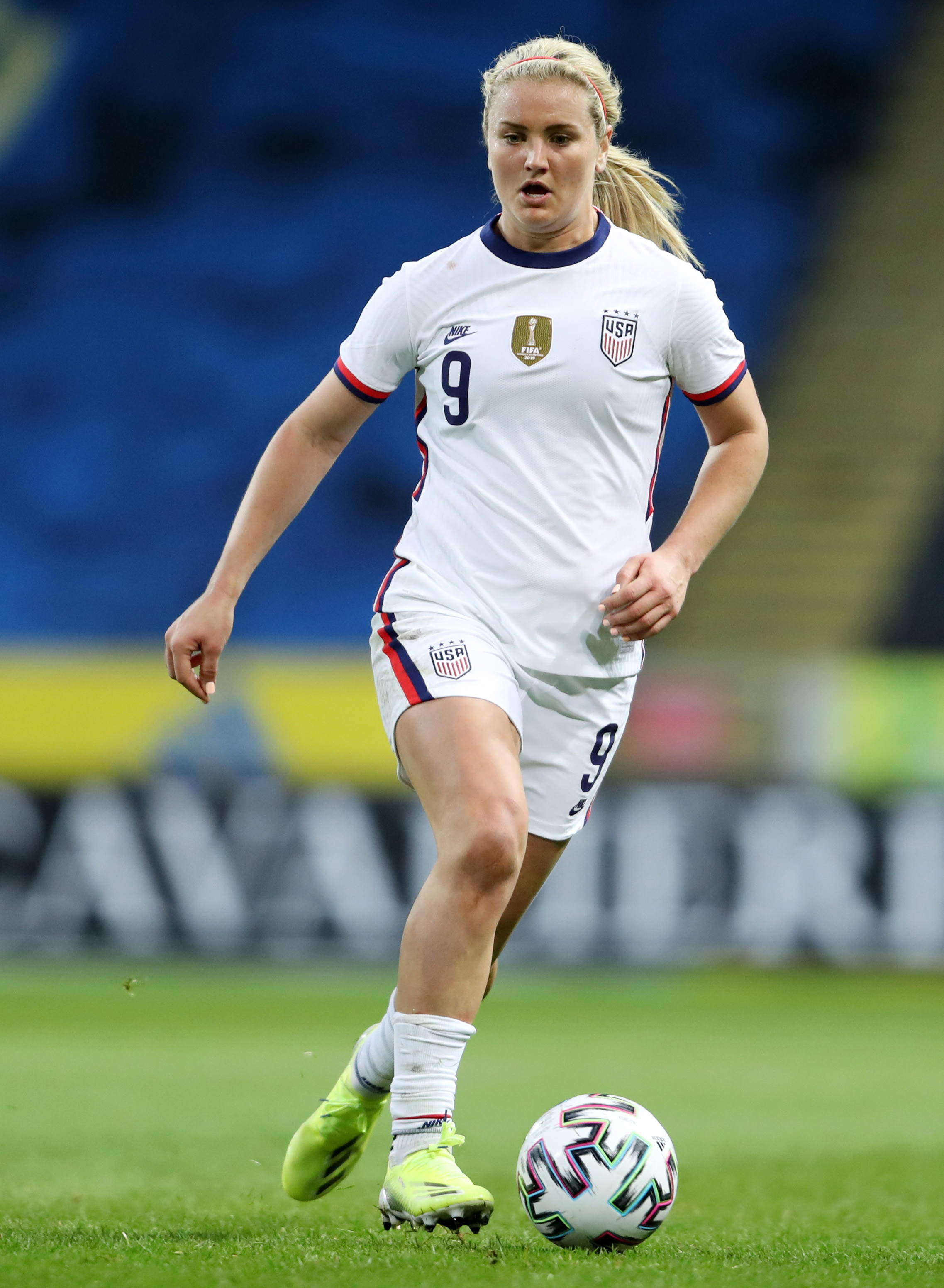 Lindsey Horan of United States runs with the ball during the Women's International Friendly match between Sweden and United States at Friends arena on April 10, 2021 in Solna, Sweden.