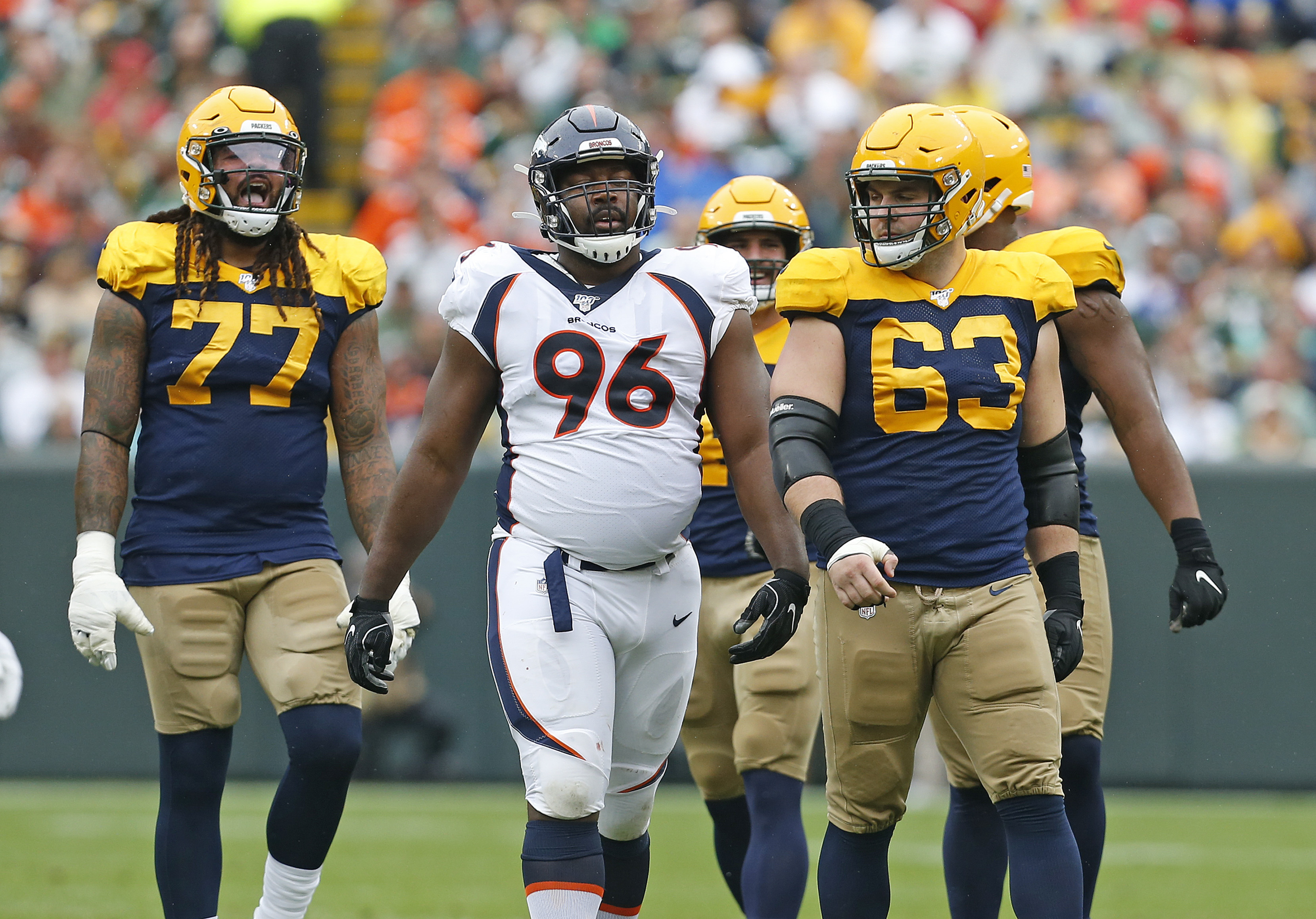 Shelby Harris #96 of the Denver Broncos at Lambeau Field on Sept. 22, 2019.