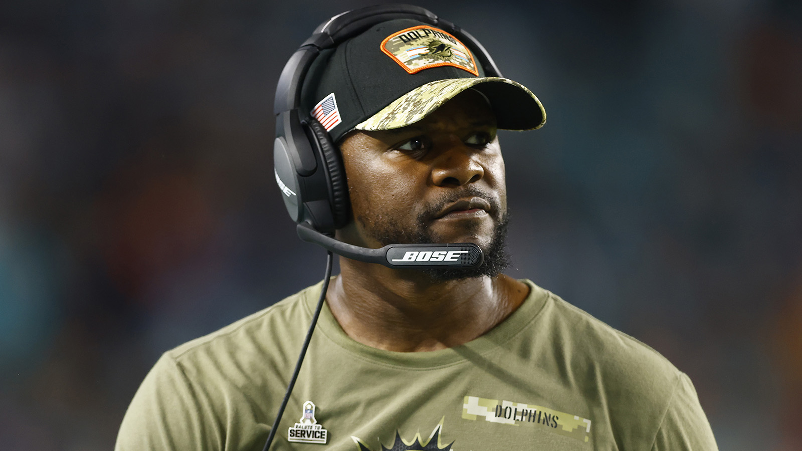 Head coach Brian Flores of the Miami Dolphins looks on against the Baltimore Ravensat Hard Rock Stadium on November 11, 2021.