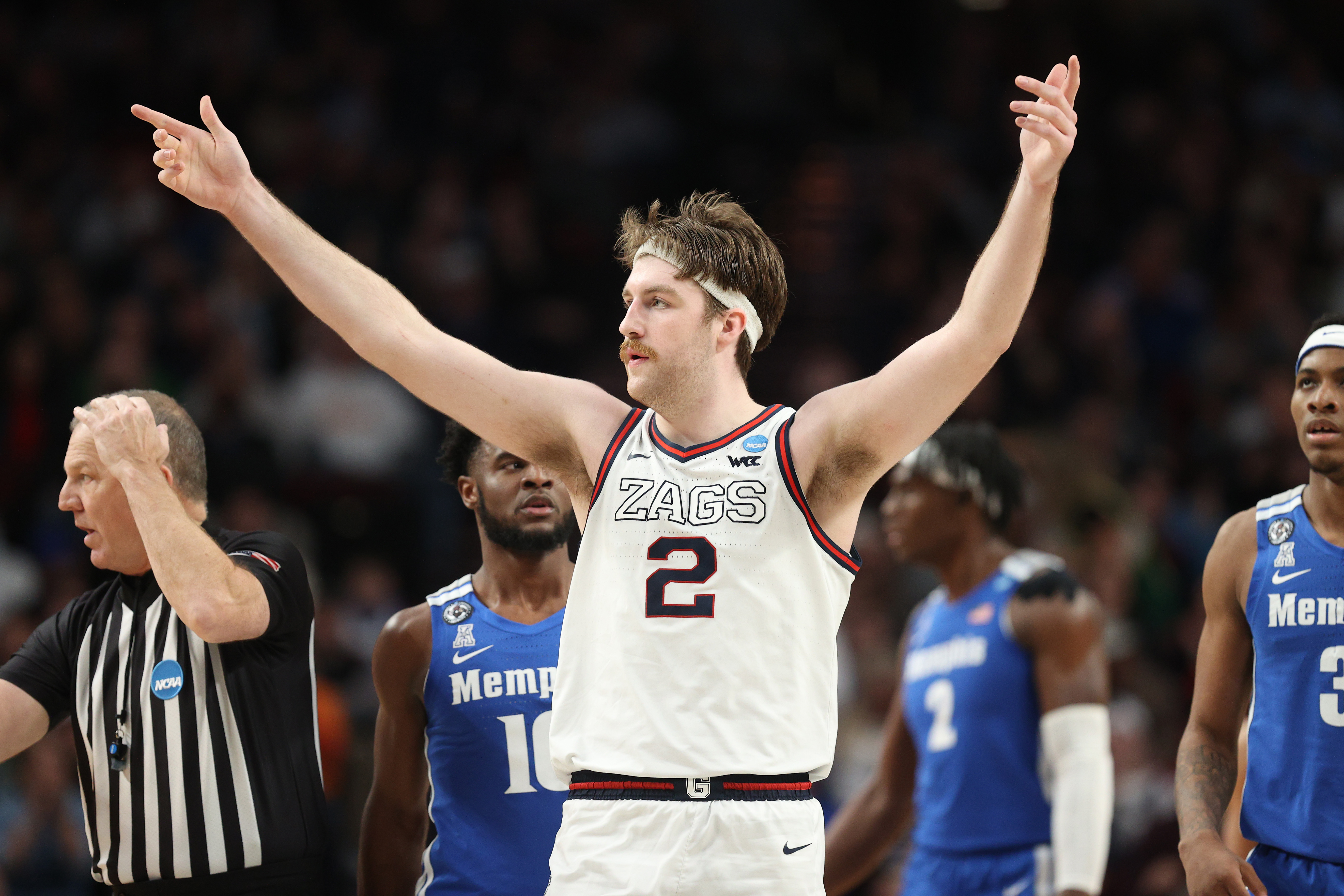 Drew Timme #2 of the Gonzaga Bulldogs reacts after making a shot during the second half against the Memphis Tigers in the second round of the 2022 NCAA Men's Basketball Tournament at Moda Center on March 19, 2022 in Portland, Oregon. 