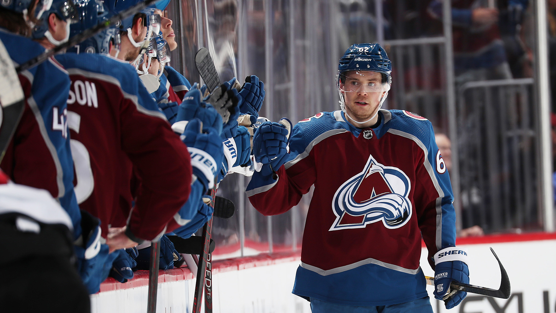 Artturi Lehkonen #62 of the Colorado Avalanche celebrates a goal against the New Jersey Devils at Ball Arena on April 14, 2022.