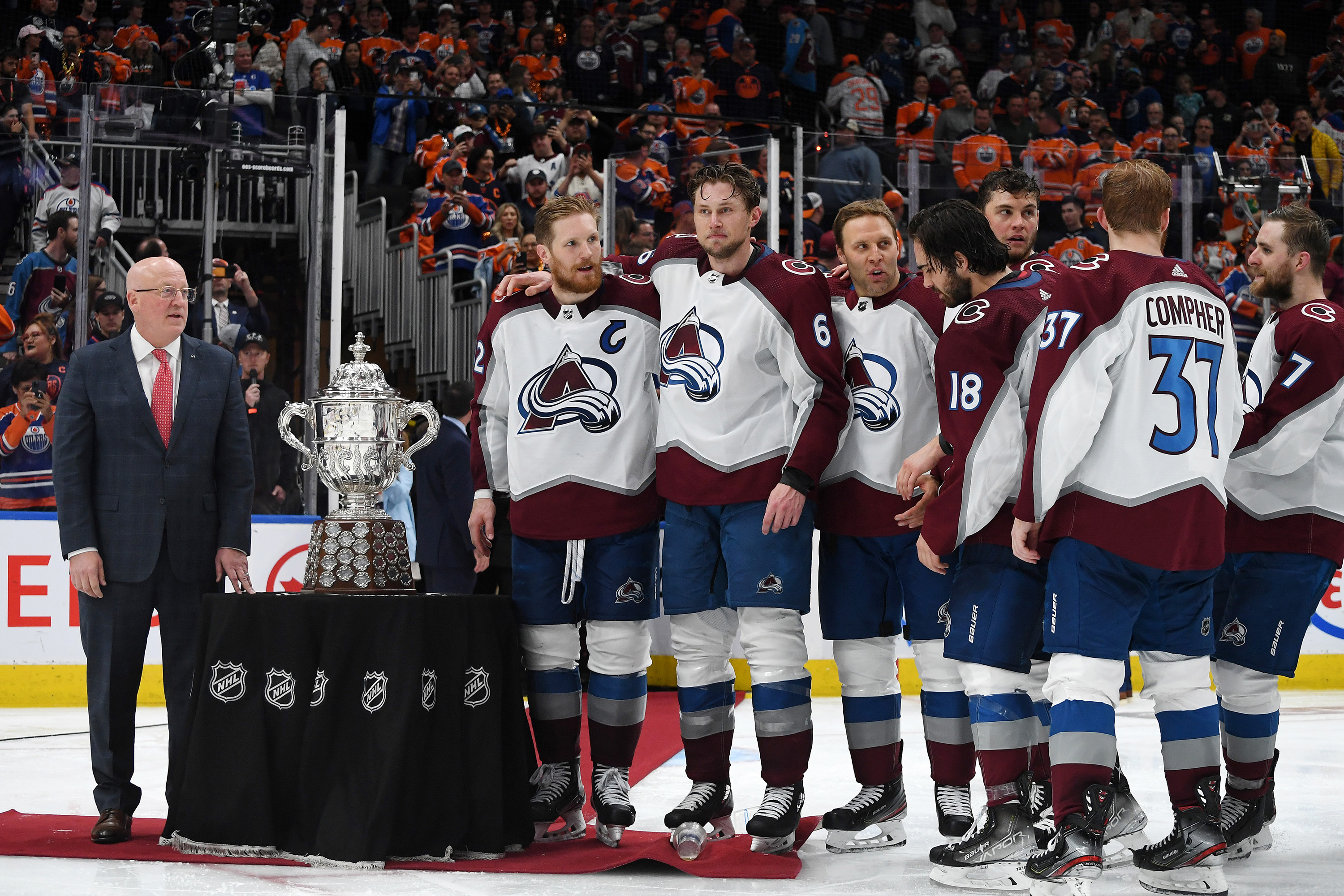 Gabriel Landeskog #92 and the Colorado Avalanche wait for the presentation of the Clarence S. Campbell Bowl after defeating the Edmonton Oilers 6-5 in overtime in Game Four of the Western Conference Final of the 2022 Stanley Cup Playoffs at Rogers Place on June 6, 2022 in Edmonton, Alberta.